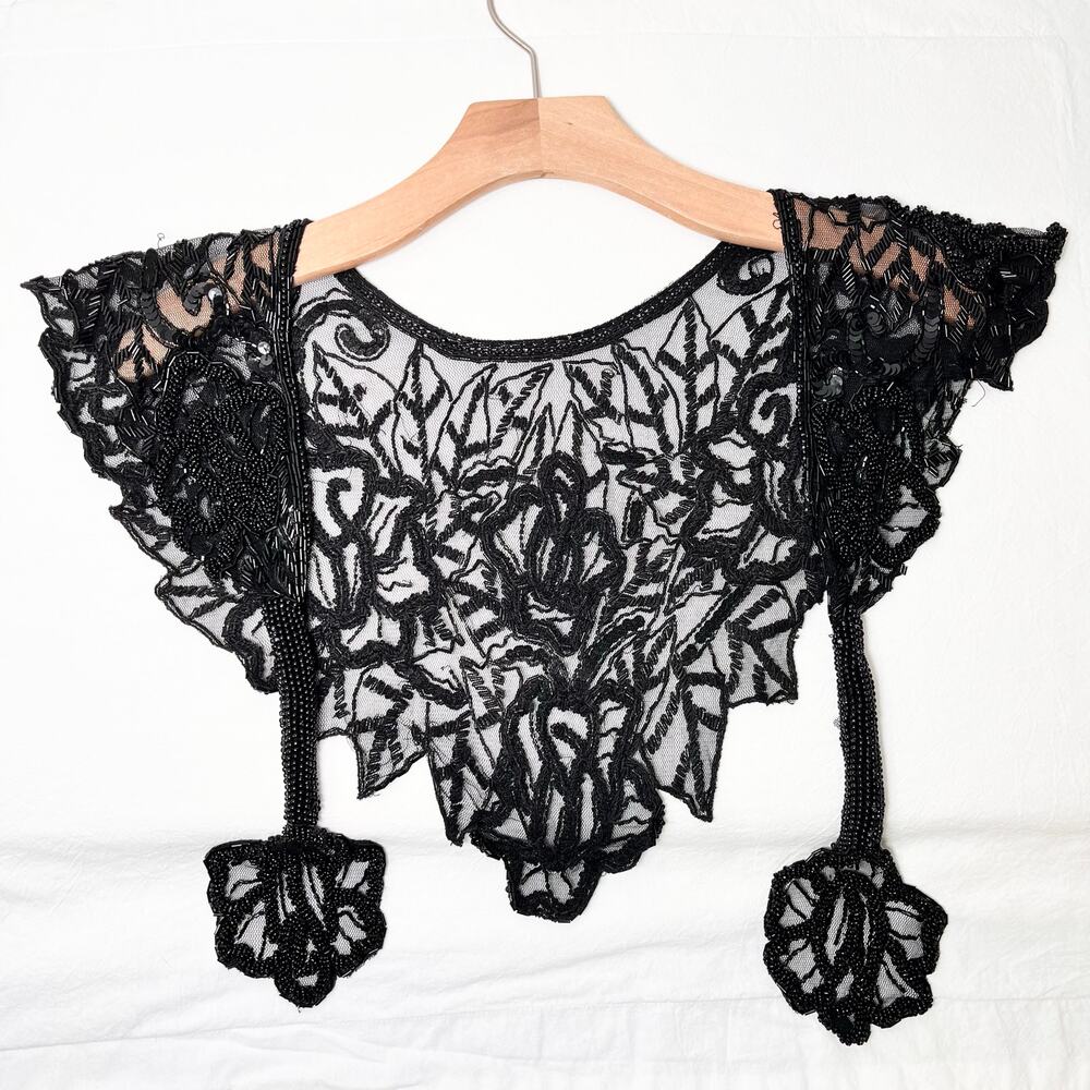 VTG Glam Sequin Beaded Lace Shawl Wrap Floral Embroidered Whimsygoth Art Deco